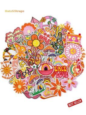 Hippie Iron-On Embroidered Patches 48 Pcs for Jeans Jackets Hats Bags
